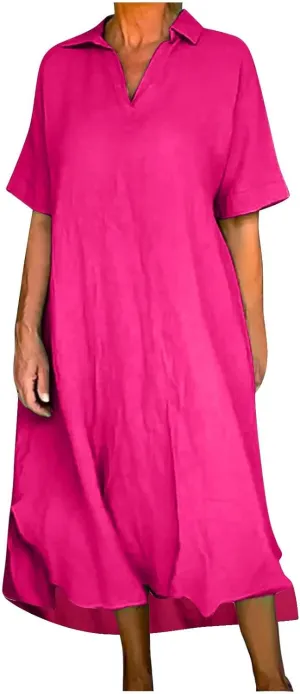 Women's Cotton Linen Maxi Dress Short Sleeve V Neck Causal Loose Dresses Summer Plus Size Solid Color Sundresses 2025