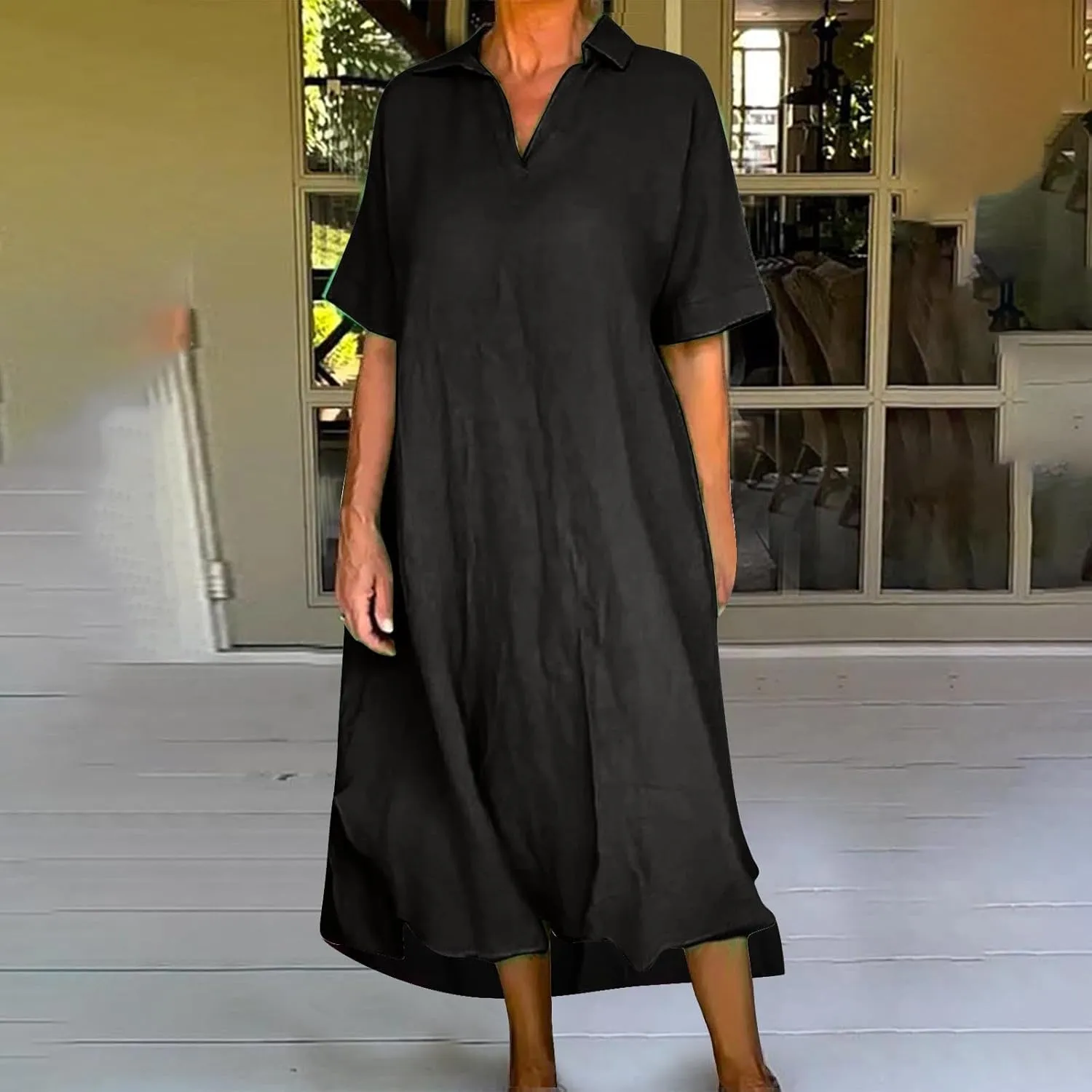 Women's Cotton Linen Maxi Dress Short Sleeve V Neck Causal Loose Dresses Summer Plus Size Solid Color Sundresses 2025