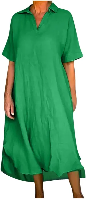 Women's Cotton Linen Maxi Dress Short Sleeve V Neck Causal Loose Dresses Summer Plus Size Solid Color Sundresses 2025