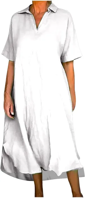 Women's Cotton Linen Maxi Dress Short Sleeve V Neck Causal Loose Dresses Summer Plus Size Solid Color Sundresses 2025