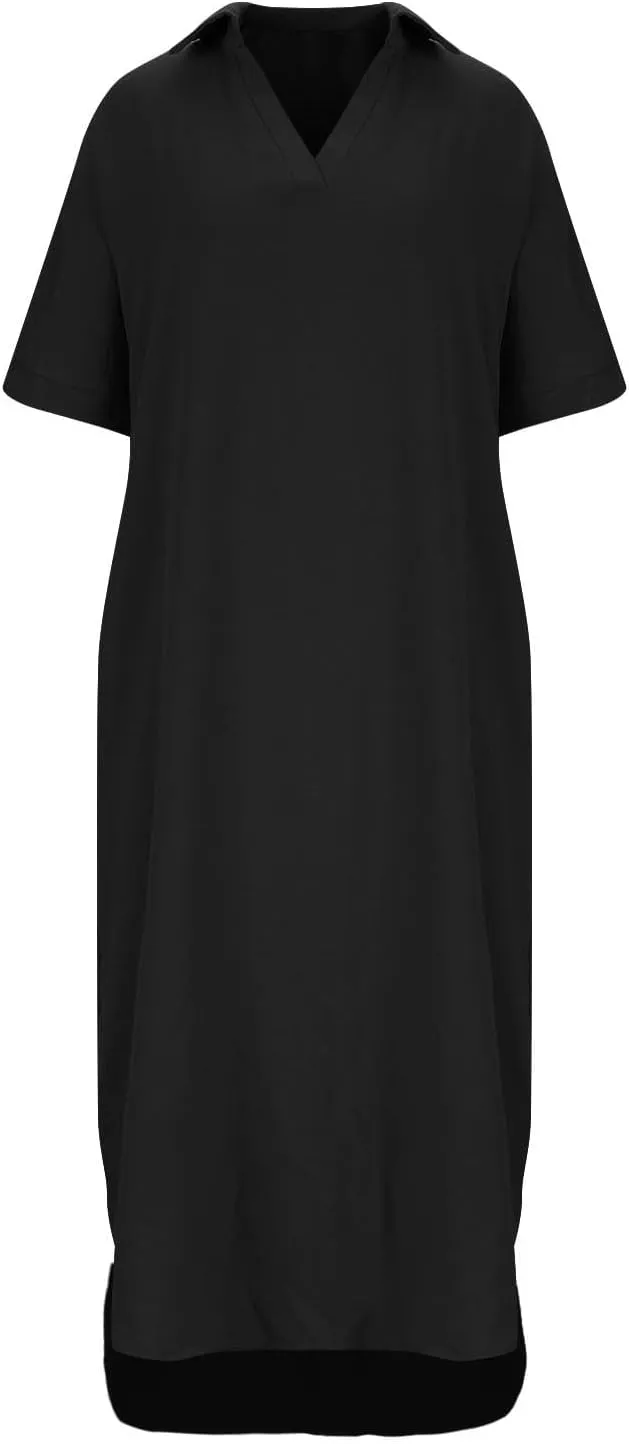 Women's Cotton Linen Maxi Dress Short Sleeve V Neck Causal Loose Dresses Summer Plus Size Solid Color Sundresses 2025