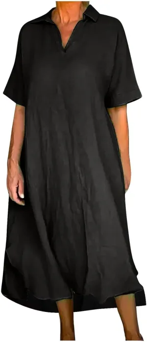 Women's Cotton Linen Maxi Dress Short Sleeve V Neck Causal Loose Dresses Summer Plus Size Solid Color Sundresses 2025