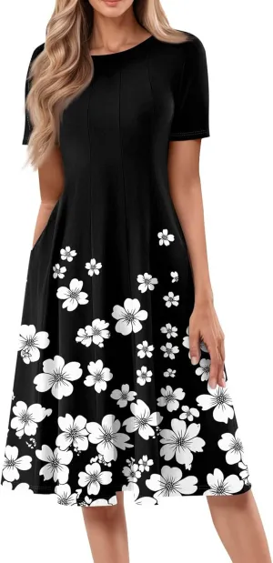 Women's Dresses 2025 Casual Spring Church Short Sleeve Boho Button Crewneck Vintage Floral Loose Midi Dress, S-3XL