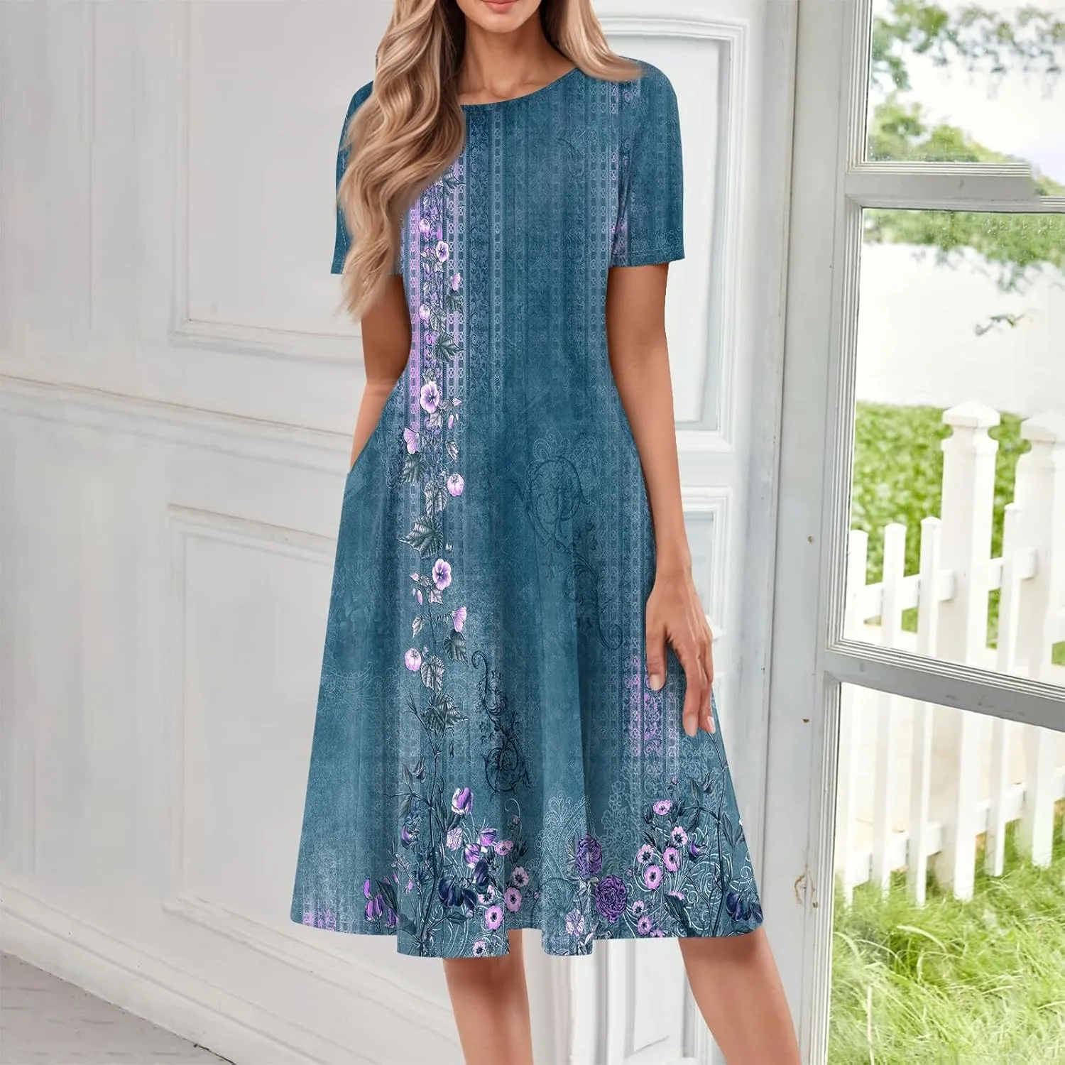 Women's Dresses 2025 Casual Spring Church Short Sleeve Boho Button Crewneck Vintage Floral Loose Midi Dress, S-3XL