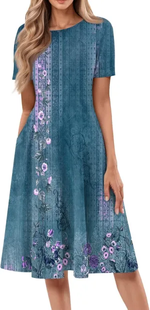 Women's Dresses 2025 Casual Spring Church Short Sleeve Boho Button Crewneck Vintage Floral Loose Midi Dress, S-3XL