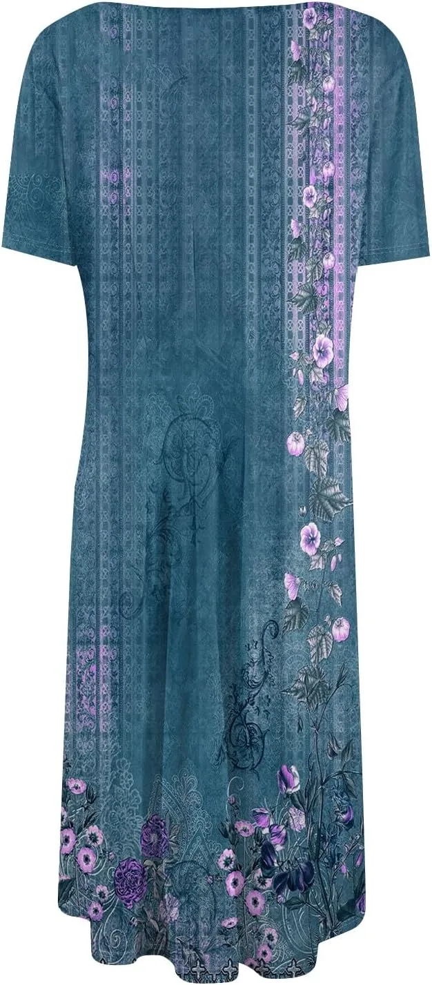 Women's Dresses 2025 Casual Spring Church Short Sleeve Boho Button Crewneck Vintage Floral Loose Midi Dress, S-3XL