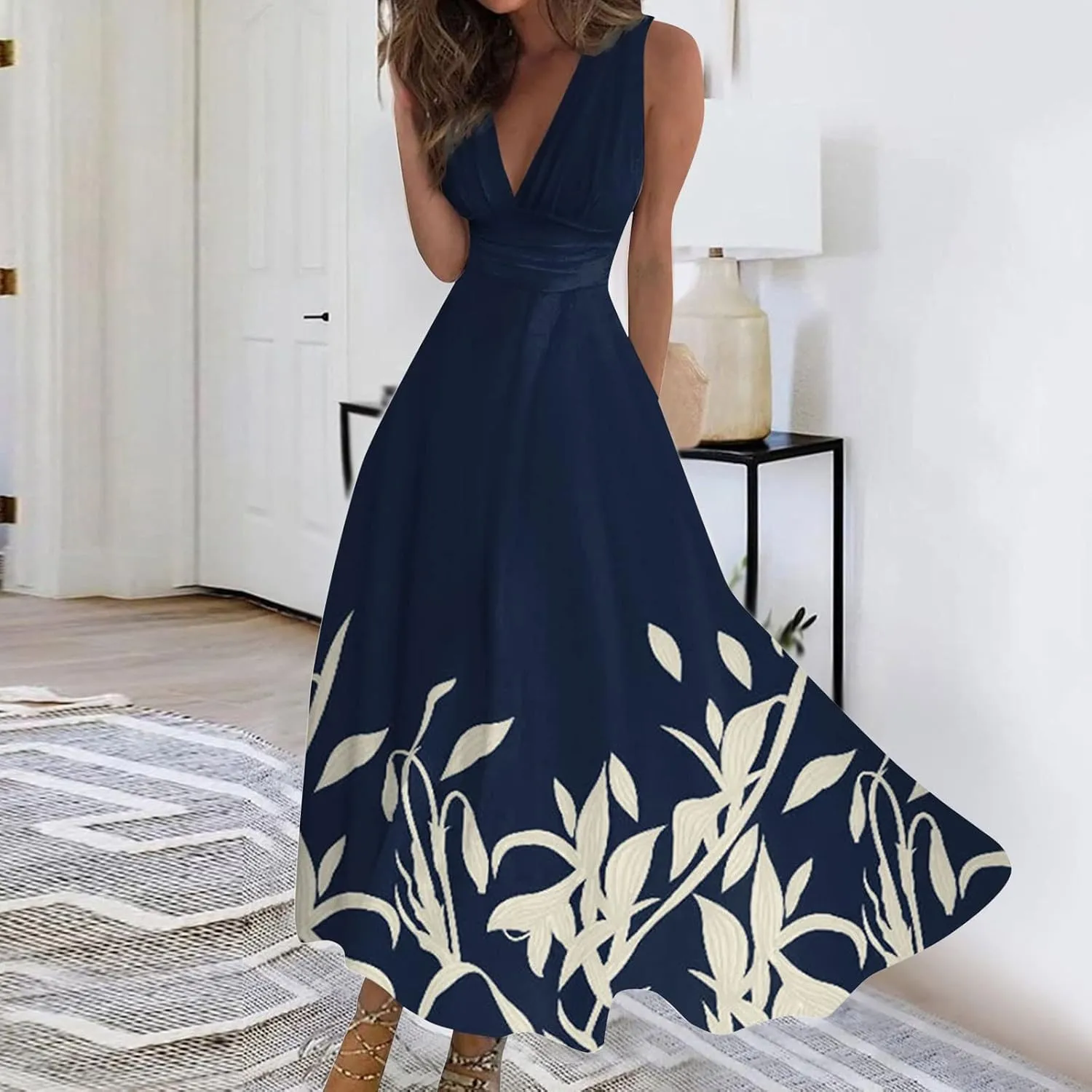 Womens Dresses Floral Print Sleeveless Boho Dress Wrap V Neck Flowy Ruched Beach Dresses Spring Maxi Dress