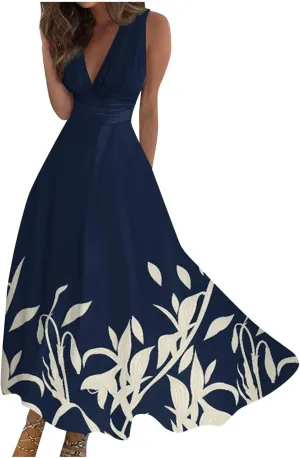 Womens Dresses Floral Print Sleeveless Boho Dress Wrap V Neck Flowy Ruched Beach Dresses Spring Maxi Dress