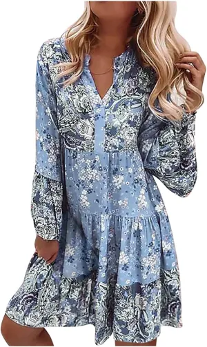 Womens Fall Dresses 2024 Boho Floral Ruffle Long Sleeve Maxi Dress Casual Flowy Swing Tiered Cocktail Party Dresses