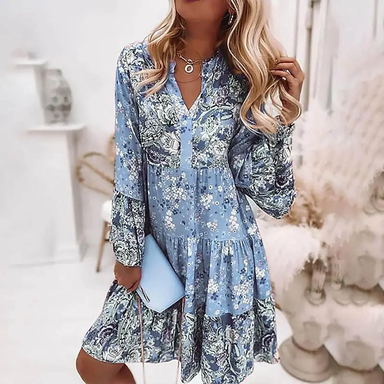 Womens Fall Dresses 2024 Boho Floral Ruffle Long Sleeve Maxi Dress Casual Flowy Swing Tiered Cocktail Party Dresses