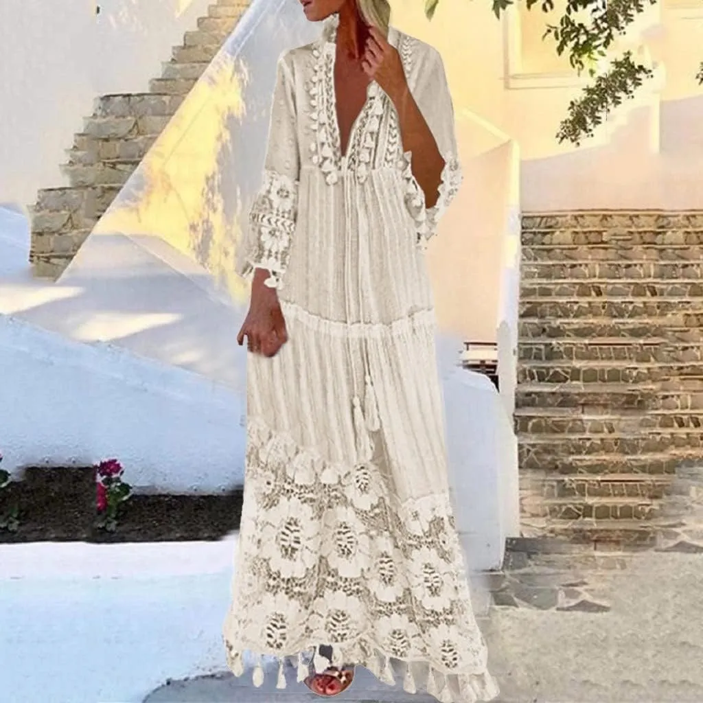 Womens Fall Dresses Long Sleeve V Neck Bohemian Floral Maxi Dresses Loose Flowy Swing Tiered Beach Vacation Dresses