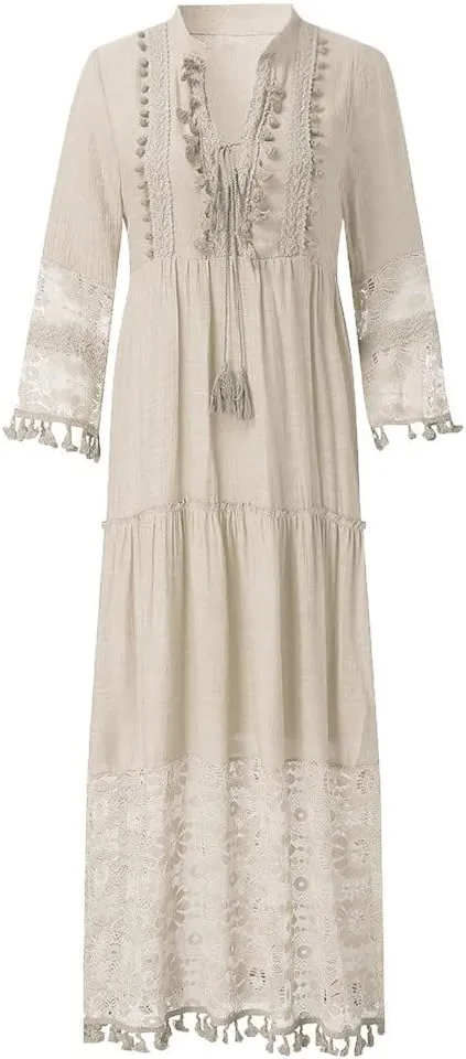 Womens Fall Dresses Long Sleeve V Neck Bohemian Floral Maxi Dresses Loose Flowy Swing Tiered Beach Vacation Dresses