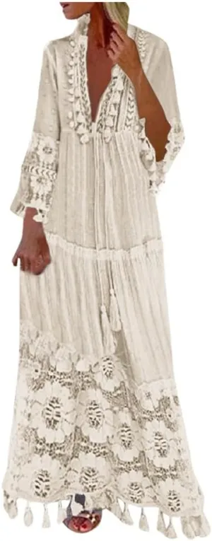 Womens Fall Dresses Long Sleeve V Neck Bohemian Floral Maxi Dresses Loose Flowy Swing Tiered Beach Vacation Dresses