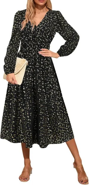 Women's Fall Maxi Dress V Neck Long Sleeve Tiered Ruffle Flowy A Line Cocktail Party Dresses