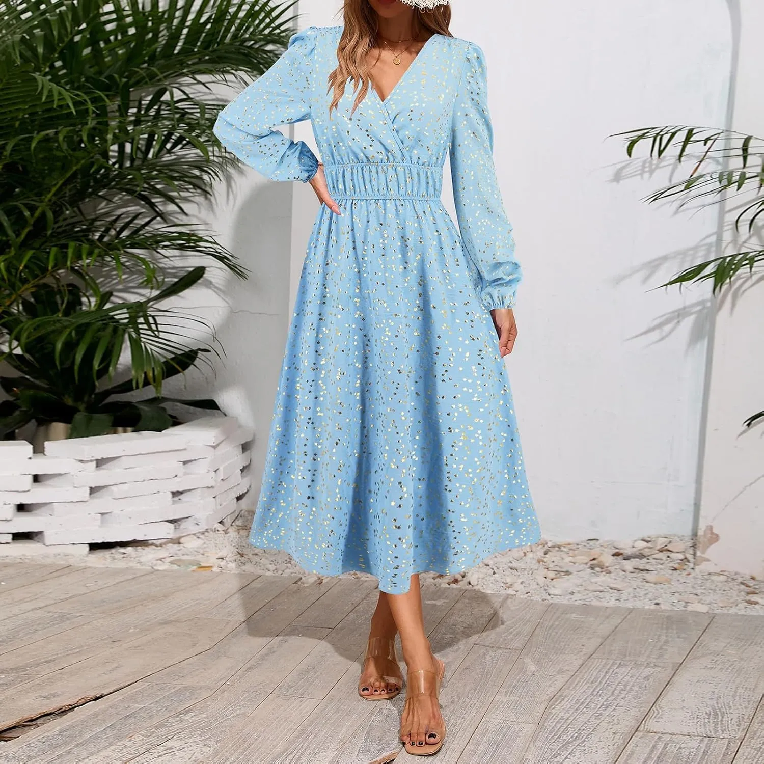 Women's Fall Maxi Dress V Neck Long Sleeve Tiered Ruffle Flowy A Line Cocktail Party Dresses
