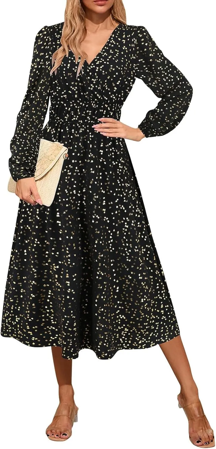 Women's Fall Maxi Dress V Neck Long Sleeve Tiered Ruffle Flowy A Line Cocktail Party Dresses