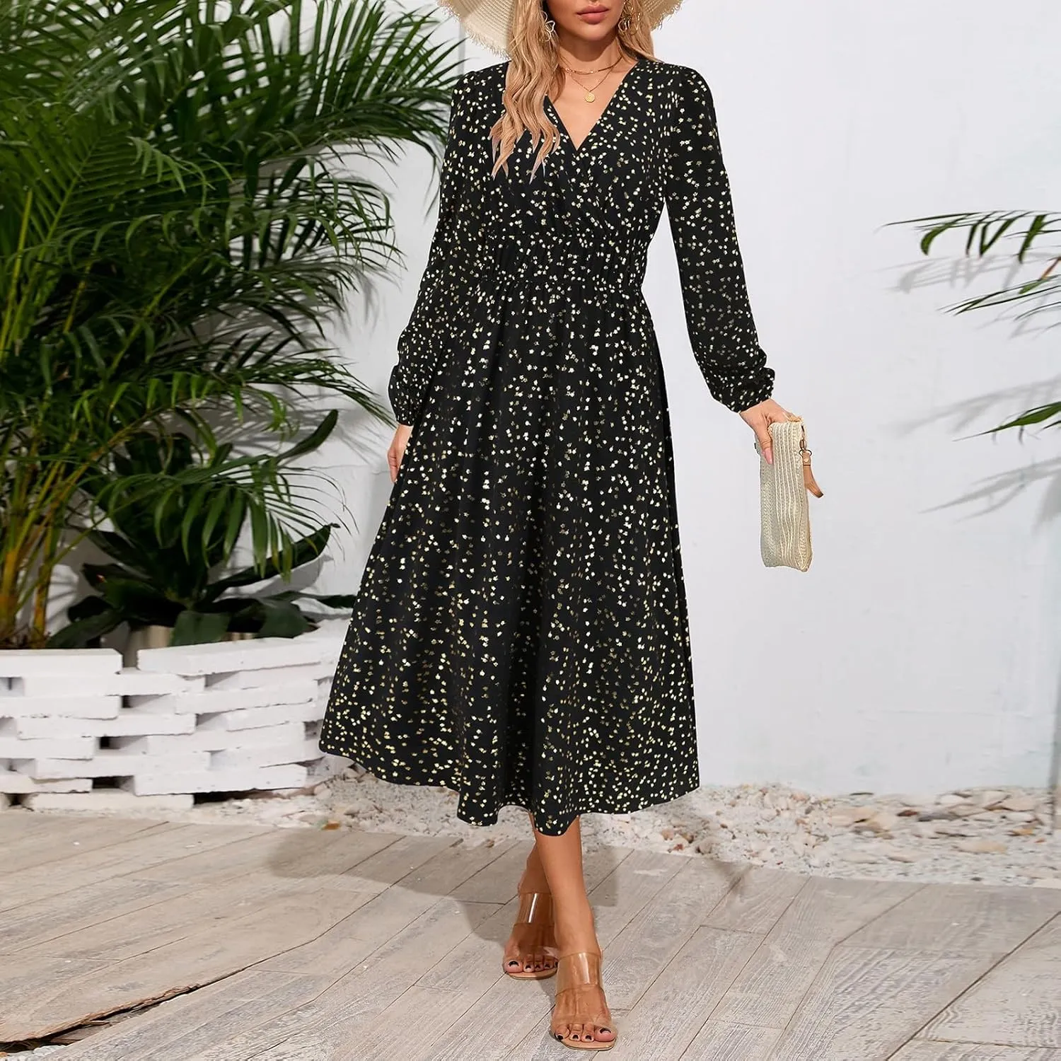 Women's Fall Maxi Dress V Neck Long Sleeve Tiered Ruffle Flowy A Line Cocktail Party Dresses