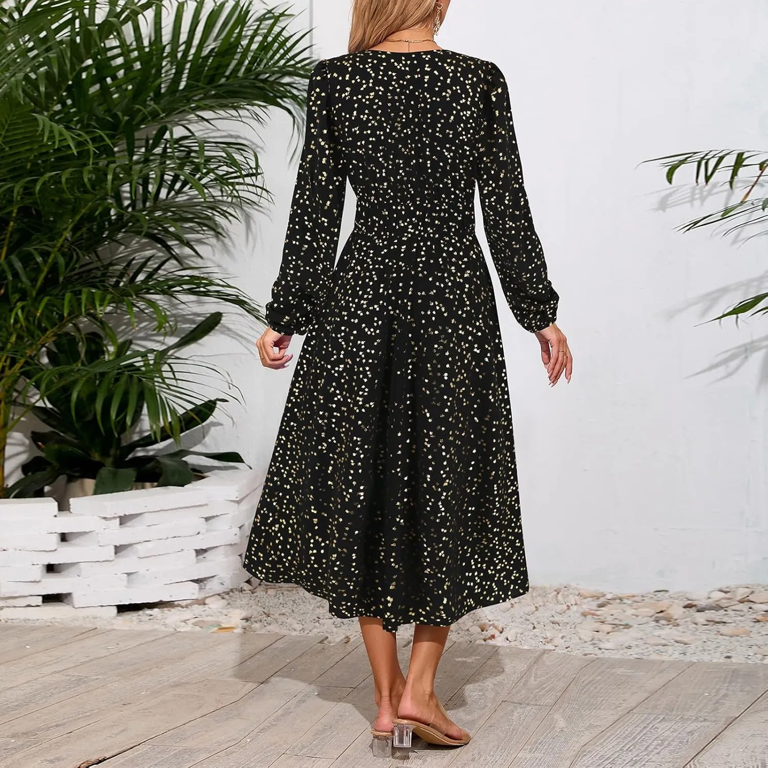 Women's Fall Maxi Dress V Neck Long Sleeve Tiered Ruffle Flowy A Line Cocktail Party Dresses