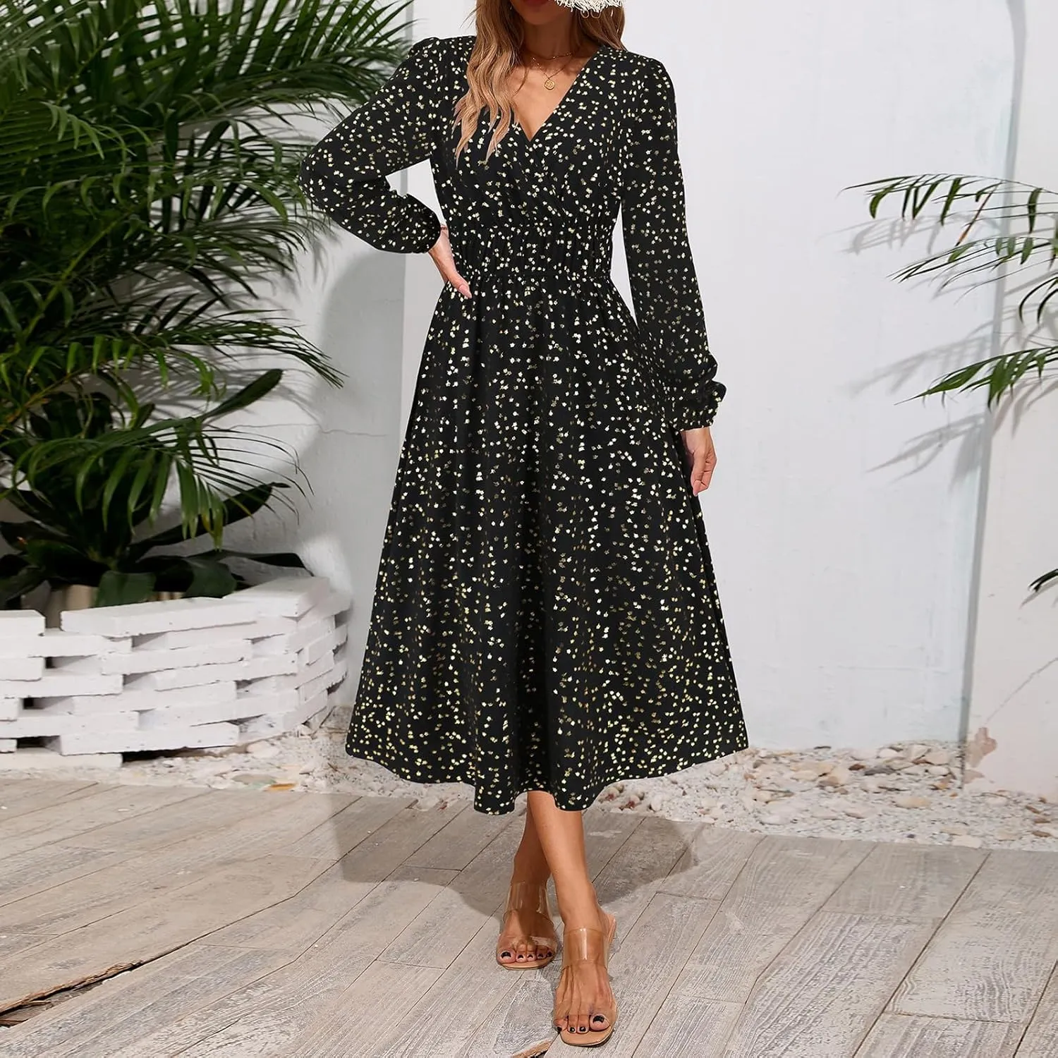 Women's Fall Maxi Dress V Neck Long Sleeve Tiered Ruffle Flowy A Line Cocktail Party Dresses