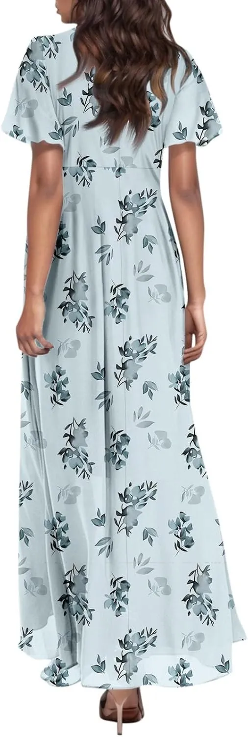 Womens Floral Maxi Dresses Casual Summer Ruffle Sleeve V Neck Dress Trendy Flowy Wrap Long Dress Chiffon Beach Dresses