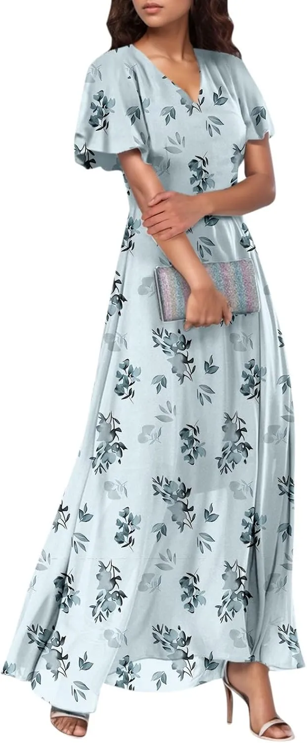 Womens Floral Maxi Dresses Casual Summer Ruffle Sleeve V Neck Dress Trendy Flowy Wrap Long Dress Chiffon Beach Dresses