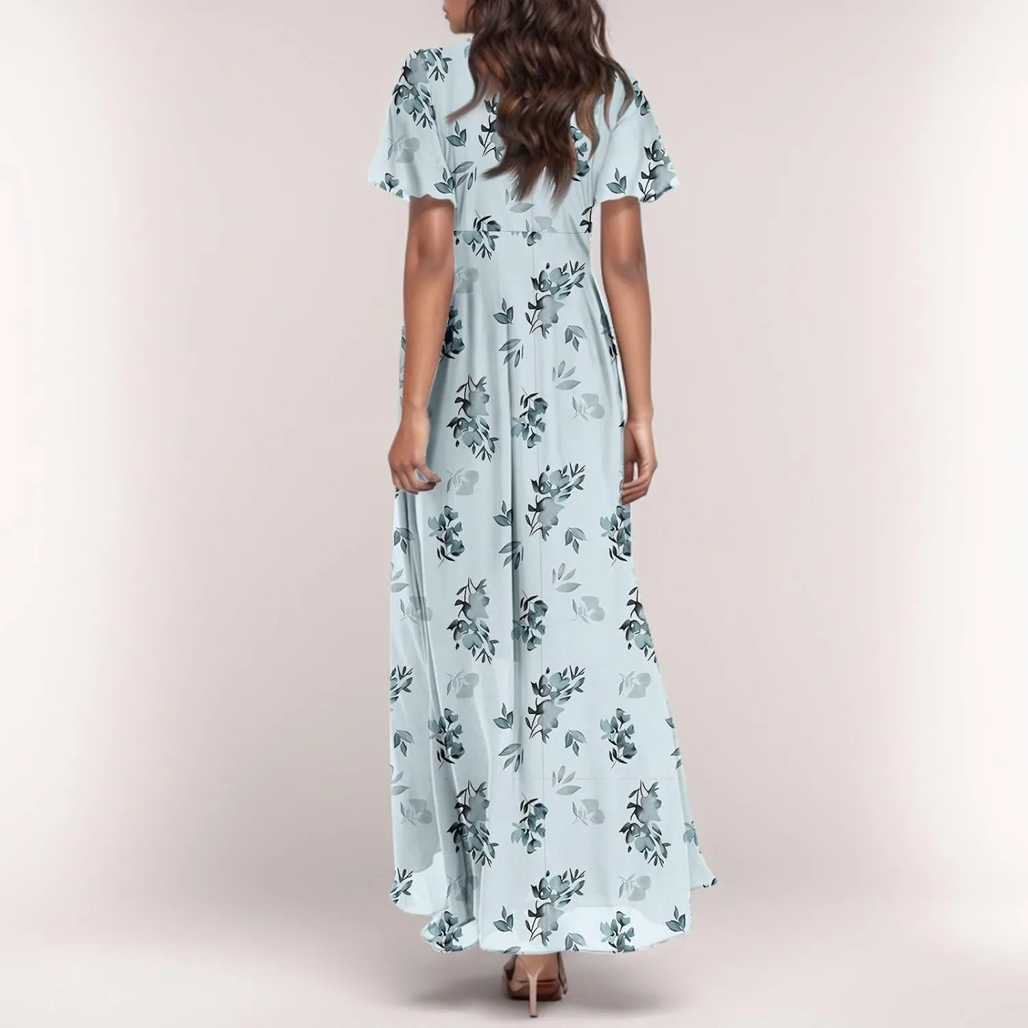 Womens Floral Maxi Dresses Casual Summer Ruffle Sleeve V Neck Dress Trendy Flowy Wrap Long Dress Chiffon Beach Dresses