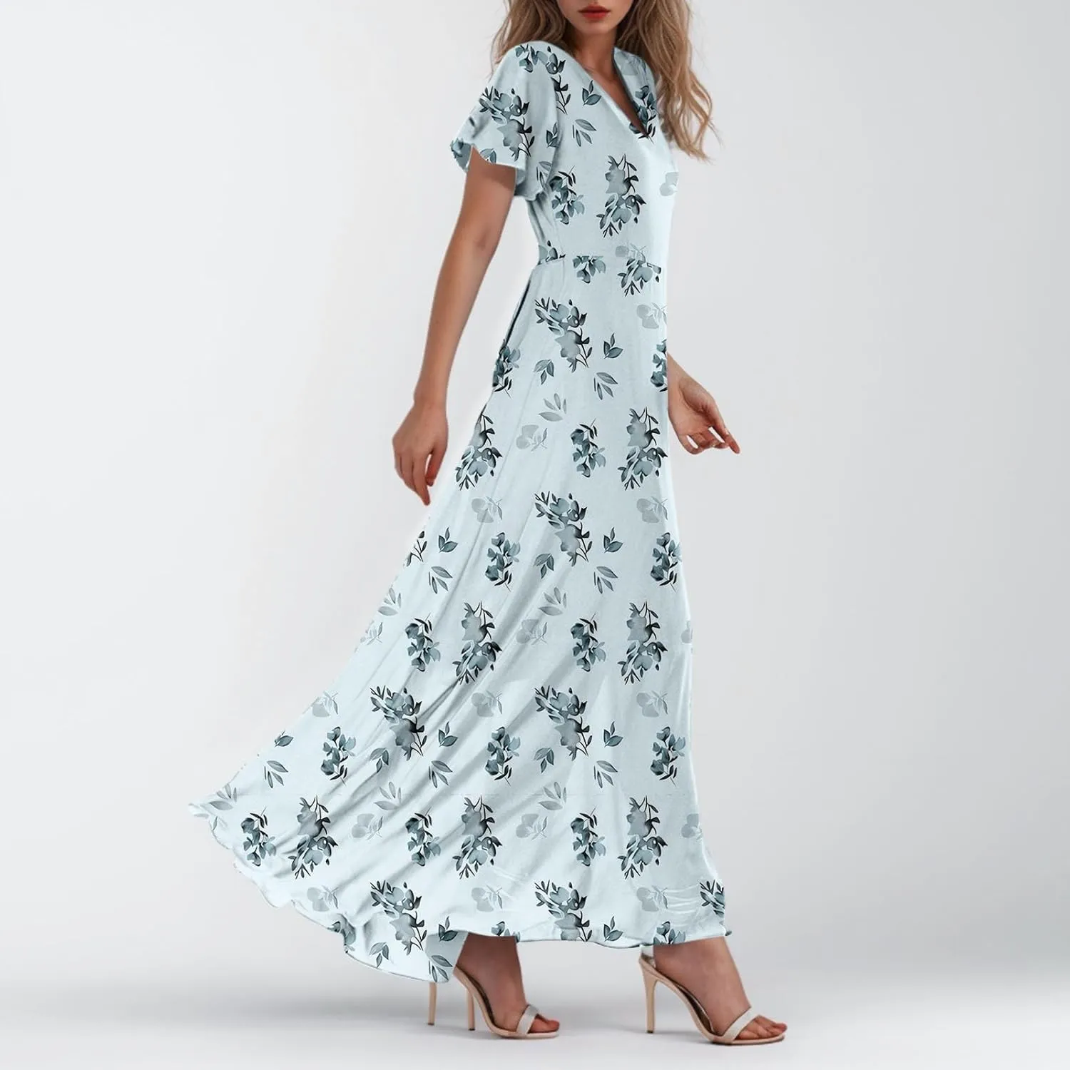 Womens Floral Maxi Dresses Casual Summer Ruffle Sleeve V Neck Dress Trendy Flowy Wrap Long Dress Chiffon Beach Dresses