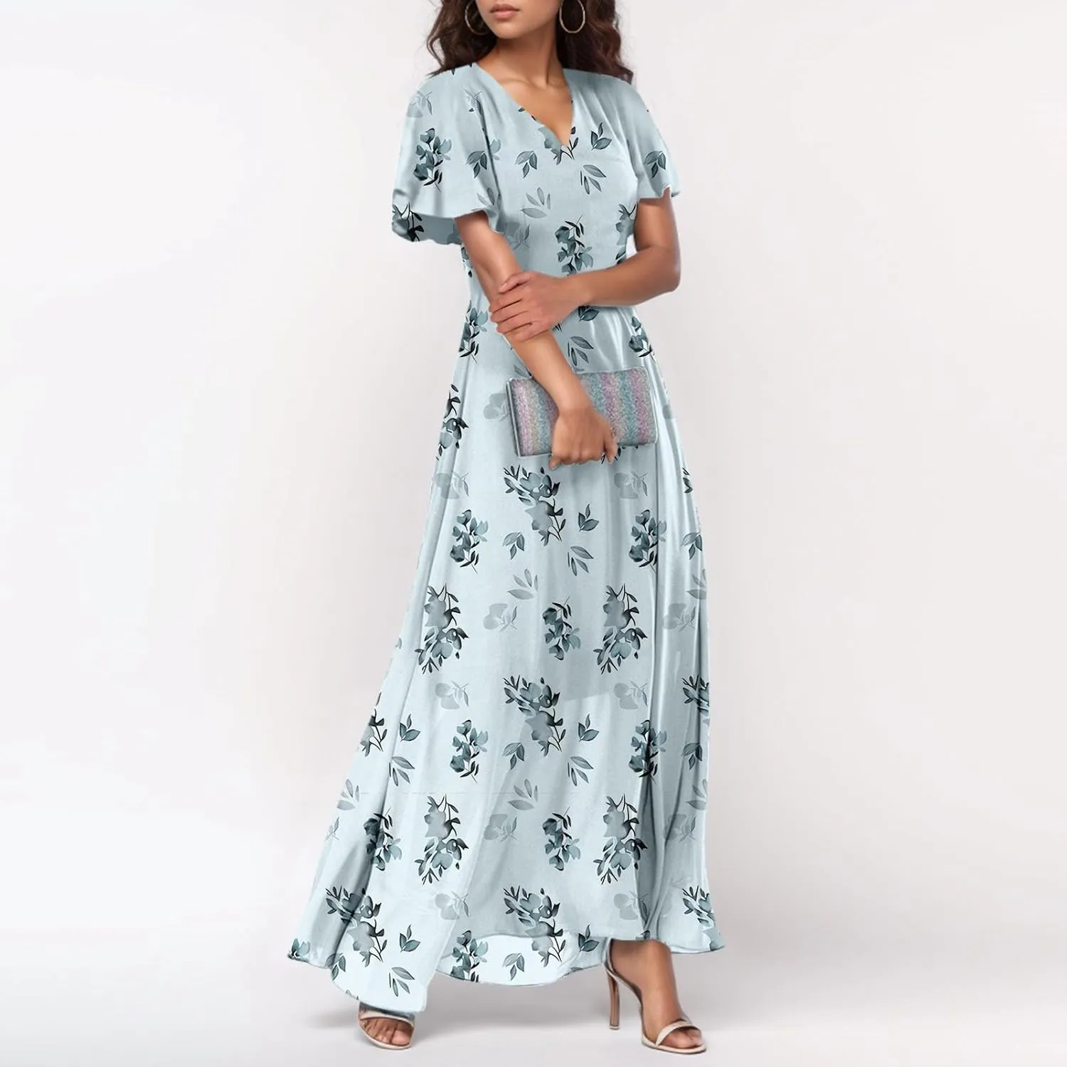 Womens Floral Maxi Dresses Casual Summer Ruffle Sleeve V Neck Dress Trendy Flowy Wrap Long Dress Chiffon Beach Dresses
