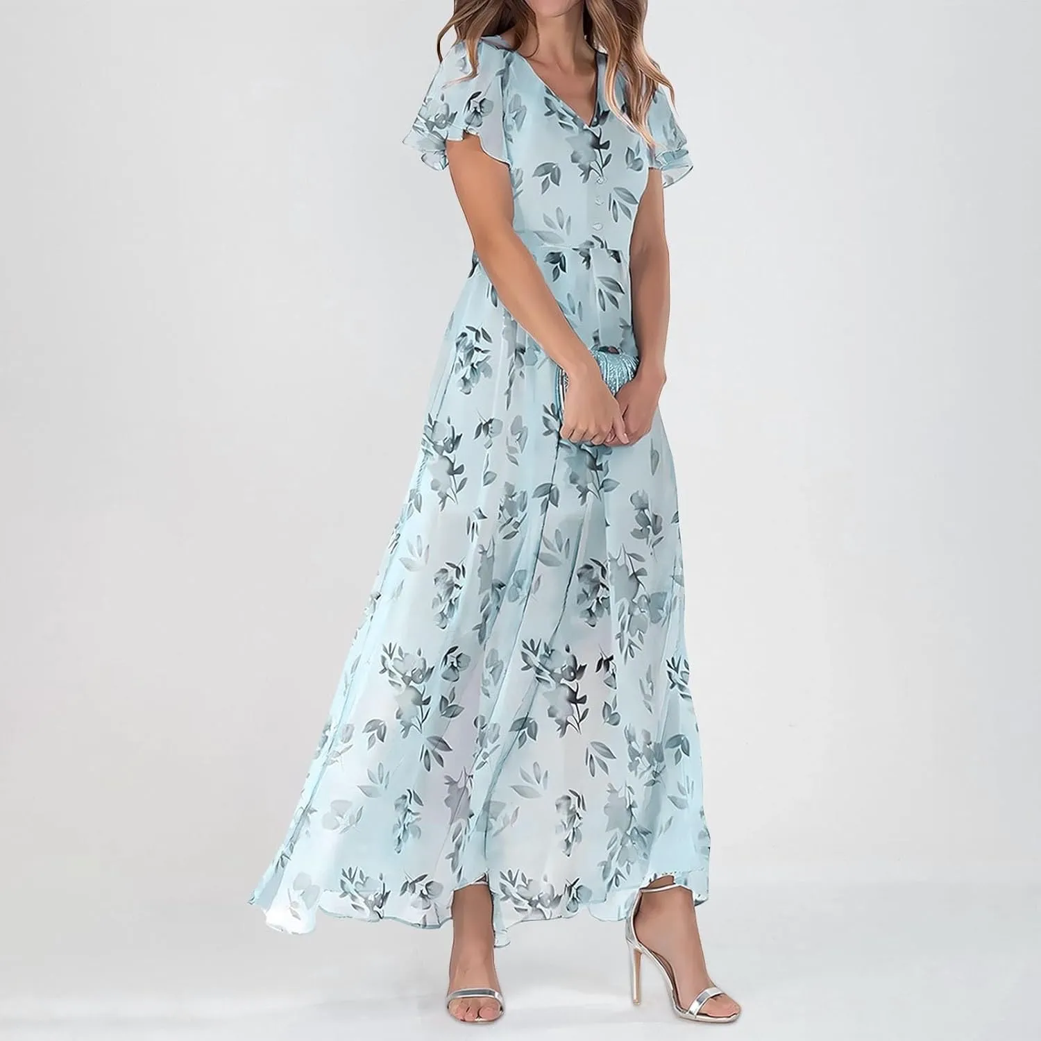 Womens Floral Maxi Dresses Casual Summer Ruffle Sleeve V Neck Dress Trendy Flowy Wrap Long Dress Chiffon Beach Dresses