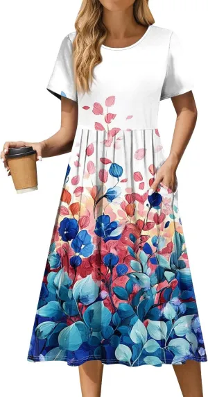 Women's Floral Print Casual Midi Short Sleeve Summer Sundress with Pockets for Beach Party and Daily Wear