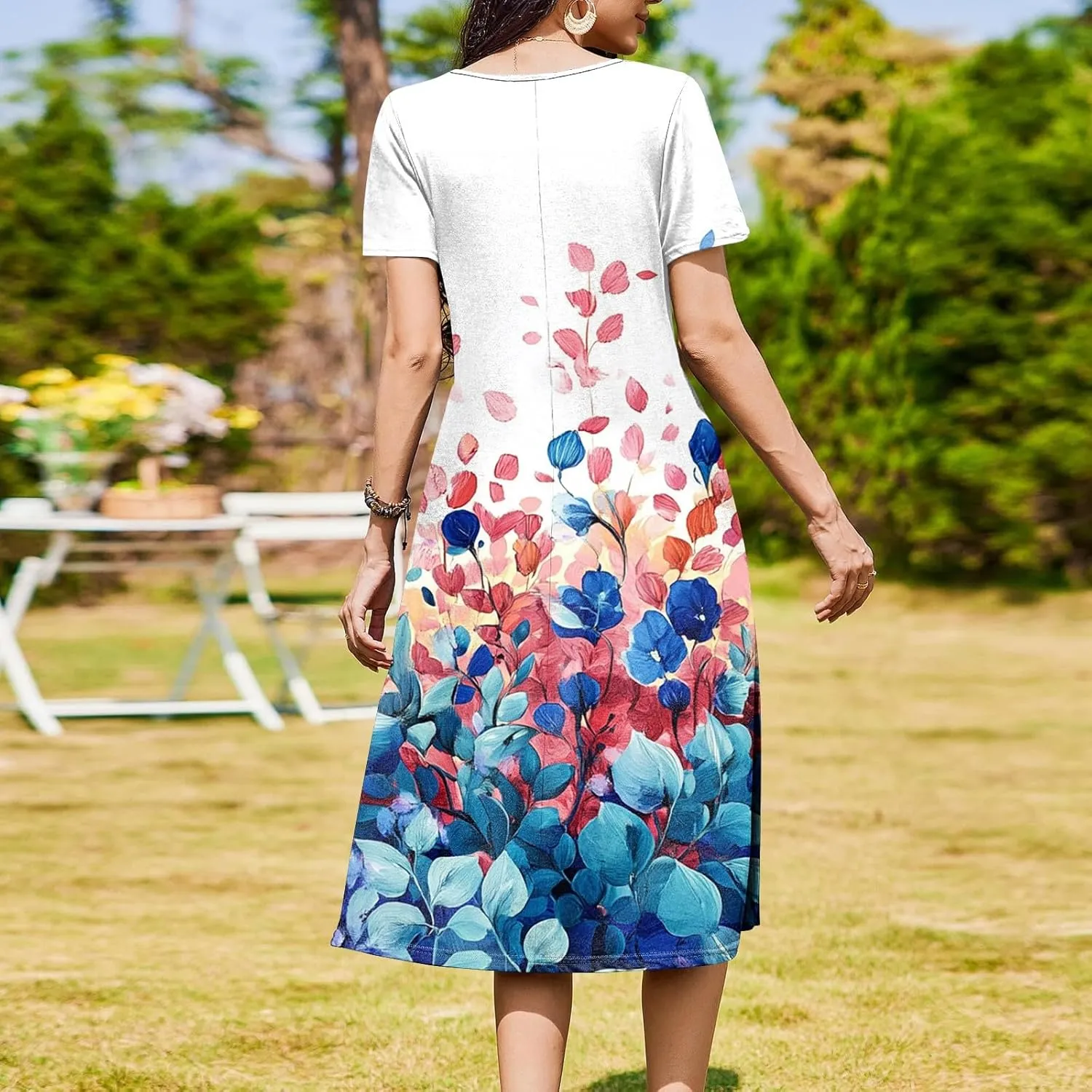 Women's Floral Print Casual Midi Short Sleeve Summer Sundress with Pockets for Beach Party and Daily Wear