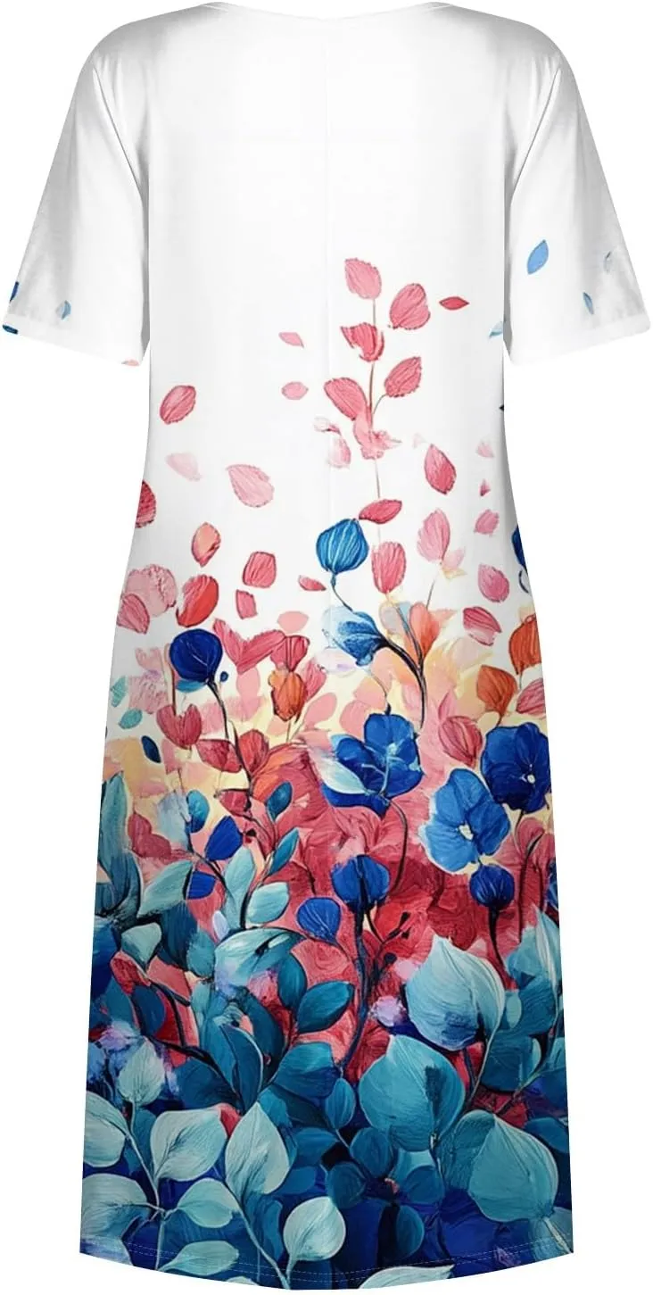 Women's Floral Print Casual Midi Short Sleeve Summer Sundress with Pockets for Beach Party and Daily Wear