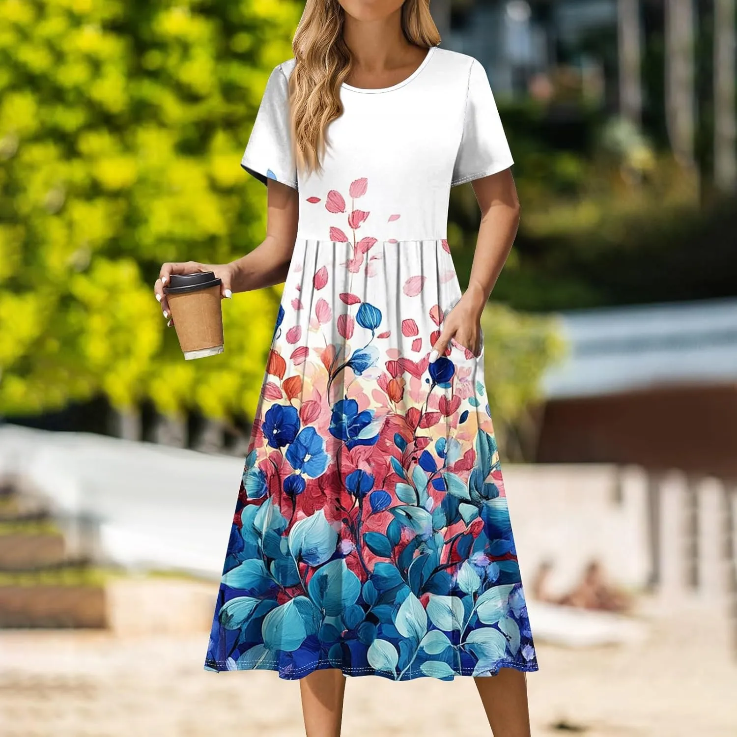 Women's Floral Print Casual Midi Short Sleeve Summer Sundress with Pockets for Beach Party and Daily Wear