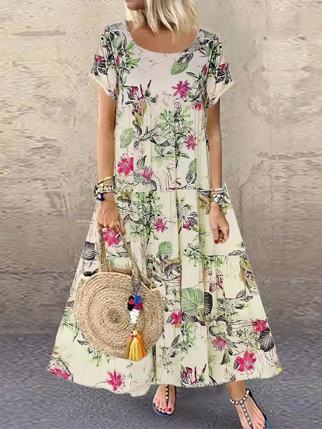 Womens Flowy Boho Floral Maxi Dress Summer Casual Beach Crewneck Tshirt Bohemian Dresses Plus Size