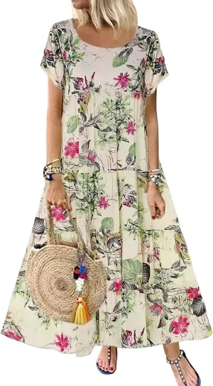 Womens Flowy Boho Floral Maxi Dress Summer Casual Beach Crewneck Tshirt Bohemian Dresses Plus Size