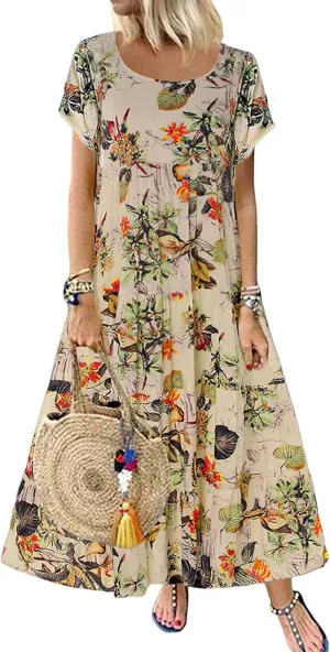Womens Flowy Boho Floral Maxi Dress Summer Casual Beach Crewneck Tshirt Bohemian Dresses Plus Size
