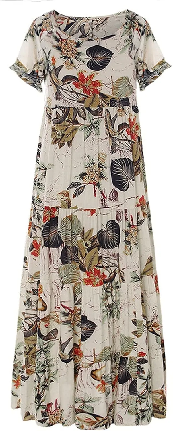 Womens Flowy Boho Floral Maxi Dress Summer Casual Beach Crewneck Tshirt Bohemian Dresses Plus Size