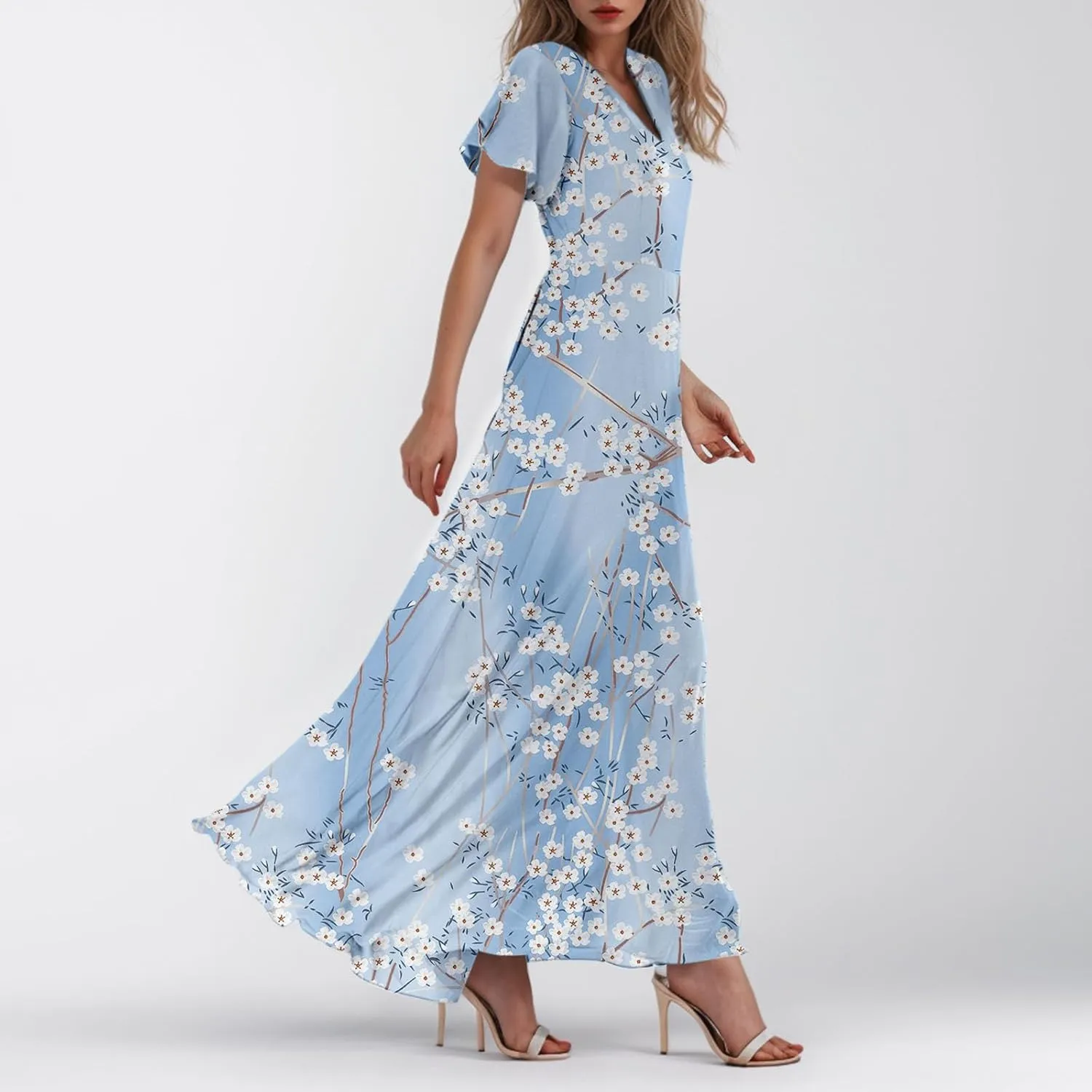 Women's Flowy Floral Print Chiffon Dress - Green, Plus Size Bohemian Dresses, Midi Length, Spring/Summer