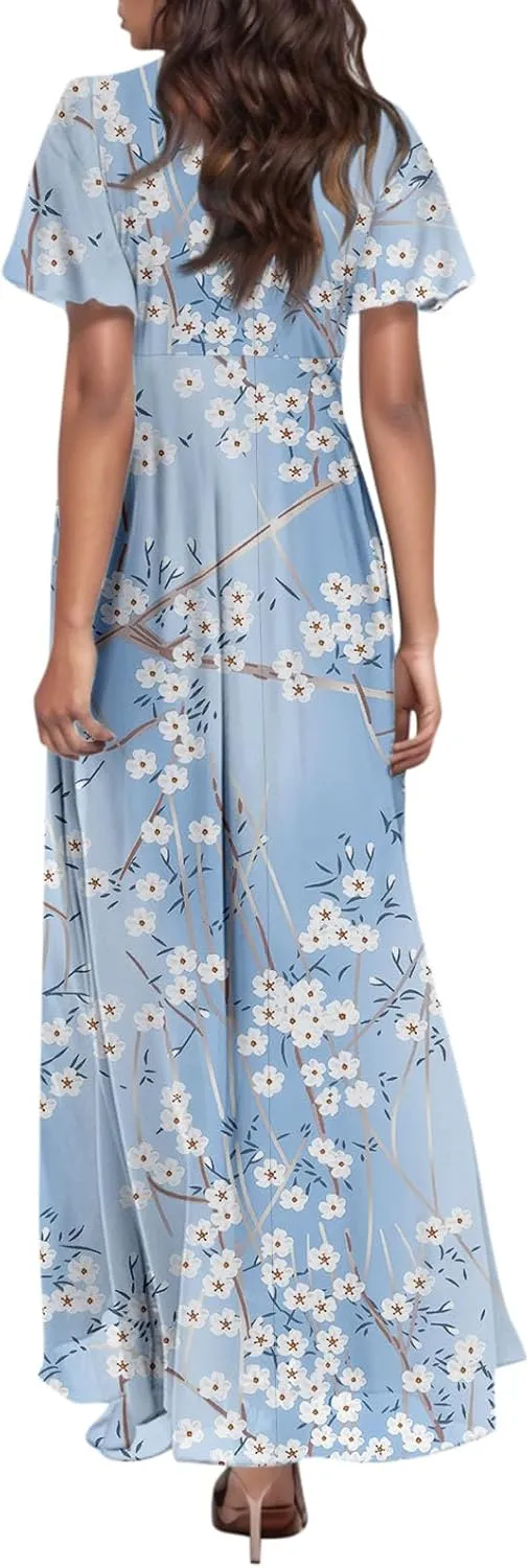 Women's Flowy Floral Print Chiffon Dress - Green, Plus Size Bohemian Dresses, Midi Length, Spring/Summer