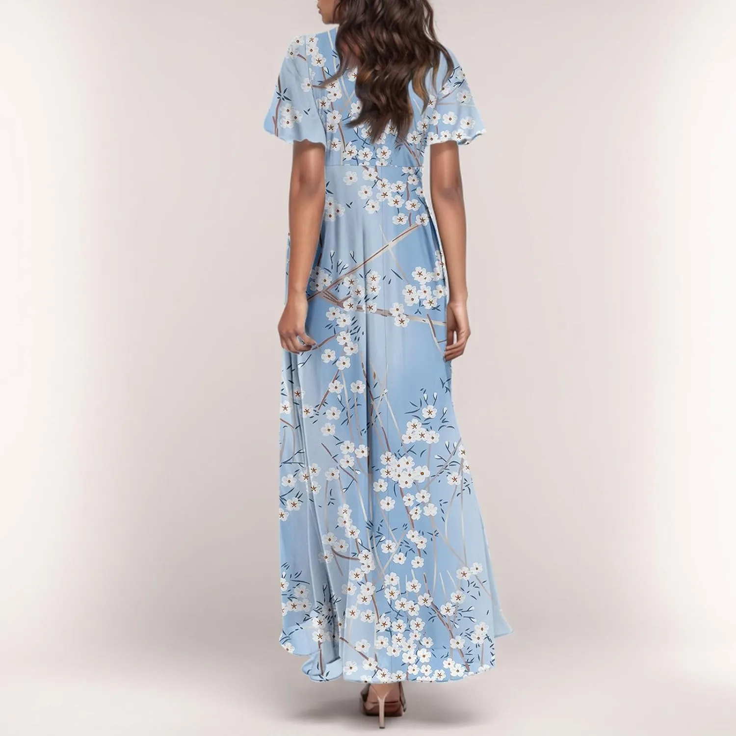 Women's Flowy Floral Print Chiffon Dress - Green, Plus Size Bohemian Dresses, Midi Length, Spring/Summer