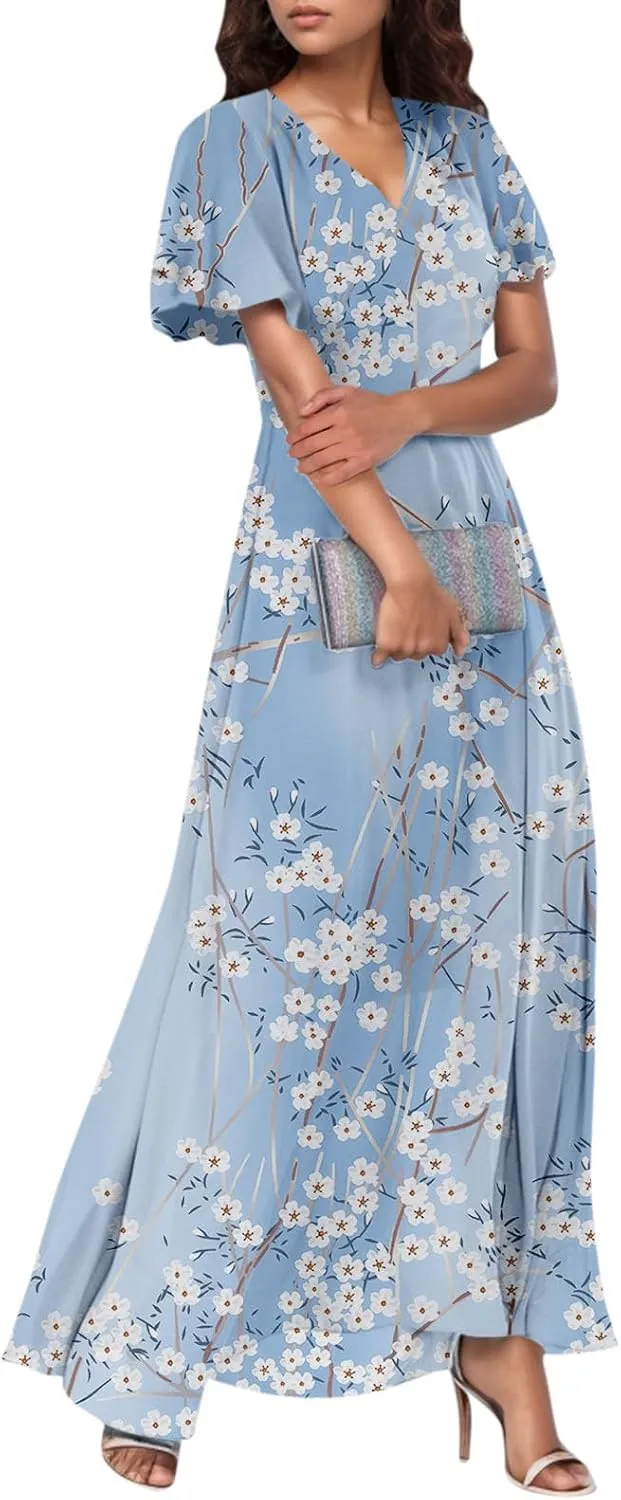 Women's Flowy Floral Print Chiffon Dress - Green, Plus Size Bohemian Dresses, Midi Length, Spring/Summer