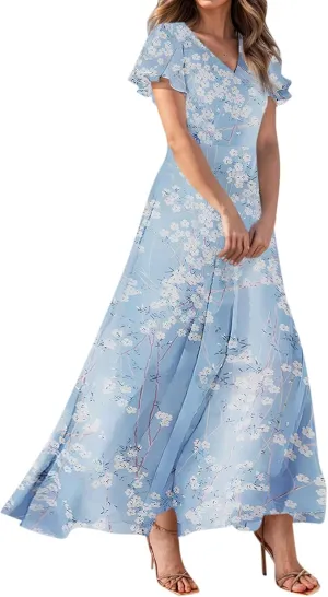 Women's Flowy Floral Print Chiffon Dress - Green, Plus Size Bohemian Dresses, Midi Length, Spring/Summer