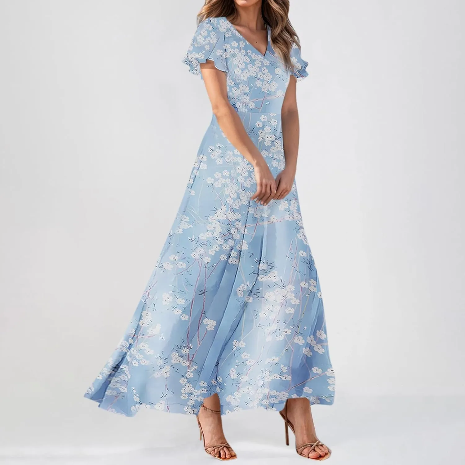 Women's Flowy Floral Print Chiffon Dress - Green, Plus Size Bohemian Dresses, Midi Length, Spring/Summer