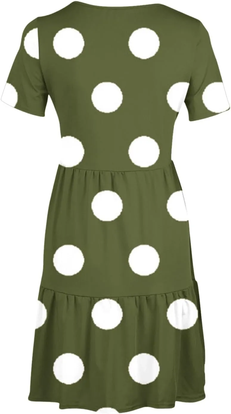 Womens Graphic T-Shirt Dress with Pockets Summer Scoop Neck Ruffle Dress Casual Soft Dot Print Short Sleeve Sundress