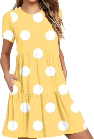 Womens Graphic T-Shirt Dress with Pockets Summer Scoop Neck Ruffle Dress Casual Soft Dot Print Short Sleeve Sundress