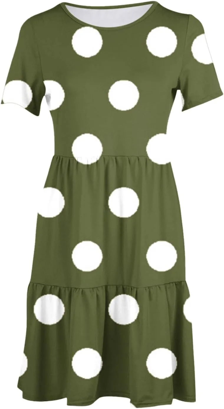 Womens Graphic T-Shirt Dress with Pockets Summer Scoop Neck Ruffle Dress Casual Soft Dot Print Short Sleeve Sundress