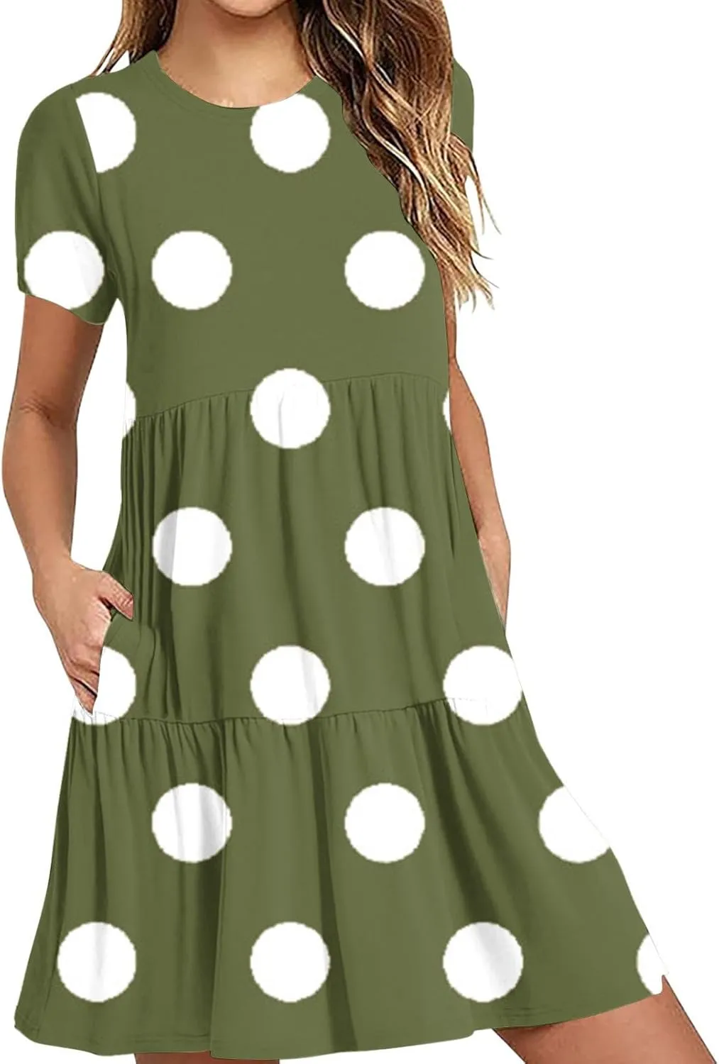 Womens Graphic T-Shirt Dress with Pockets Summer Scoop Neck Ruffle Dress Casual Soft Dot Print Short Sleeve Sundress
