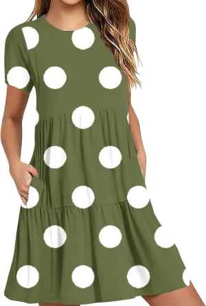 Womens Graphic T-Shirt Dress with Pockets Summer Scoop Neck Ruffle Dress Casual Soft Dot Print Short Sleeve Sundress