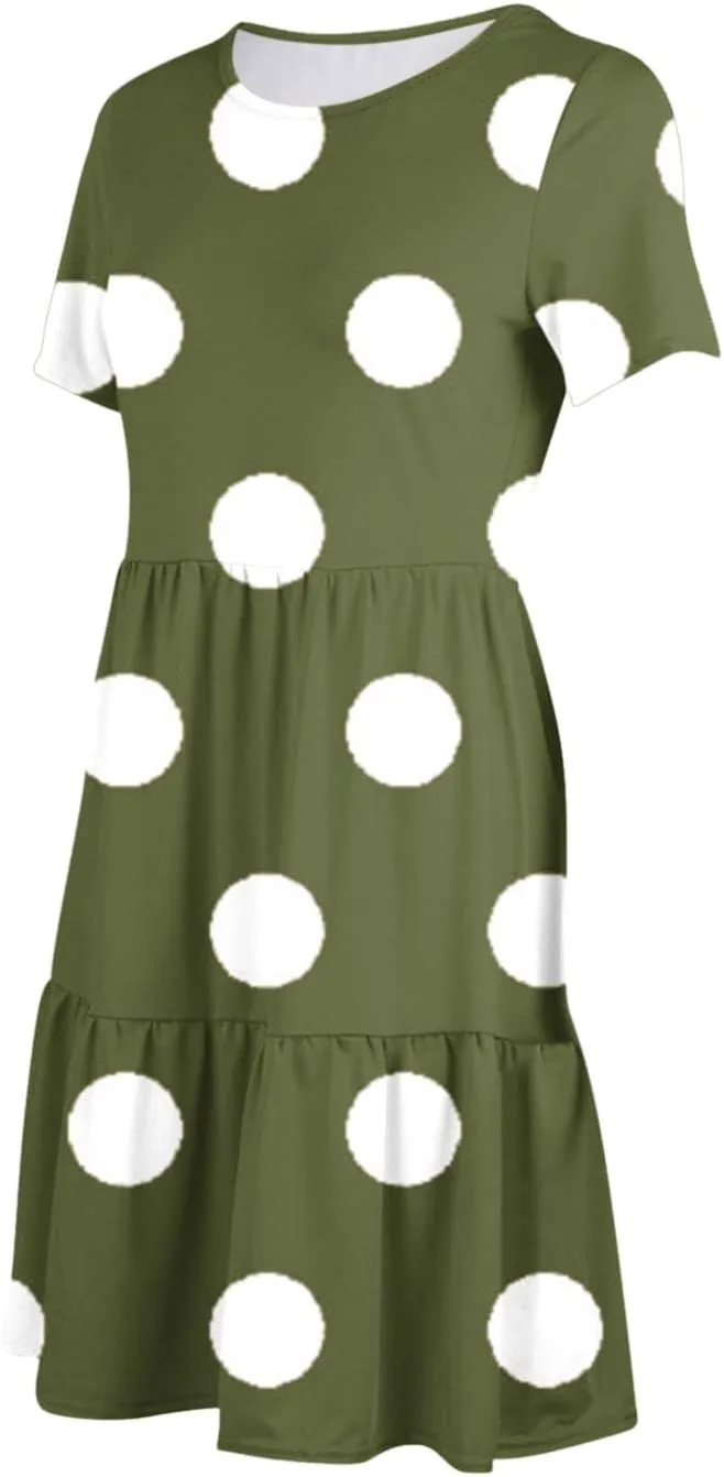Womens Graphic T-Shirt Dress with Pockets Summer Scoop Neck Ruffle Dress Casual Soft Dot Print Short Sleeve Sundress