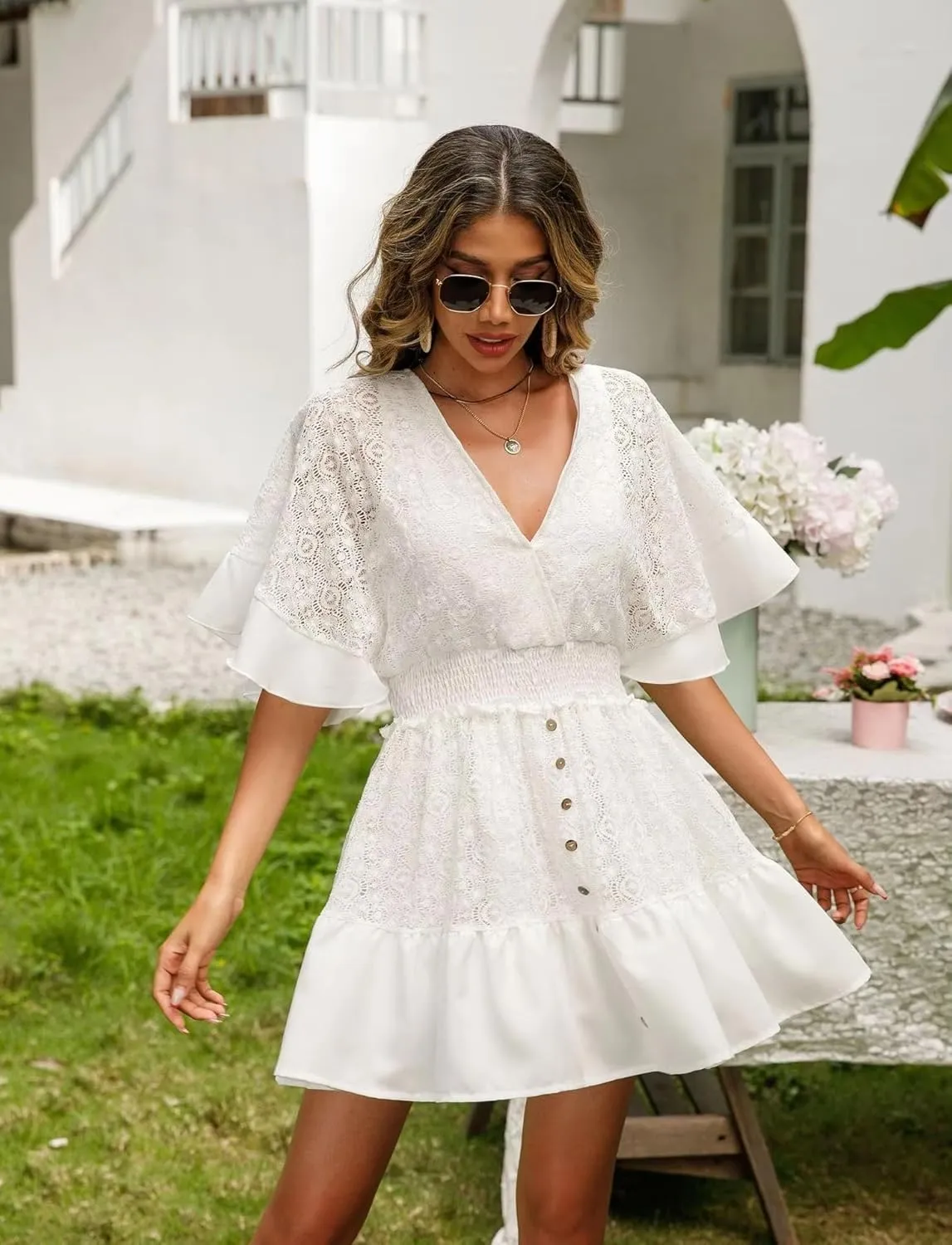 Women's Lace Crochet Romper Dress, Lace Romper for Women, Batwing Sleeve Backless Ruffle Dresses, V Neck Dresses
